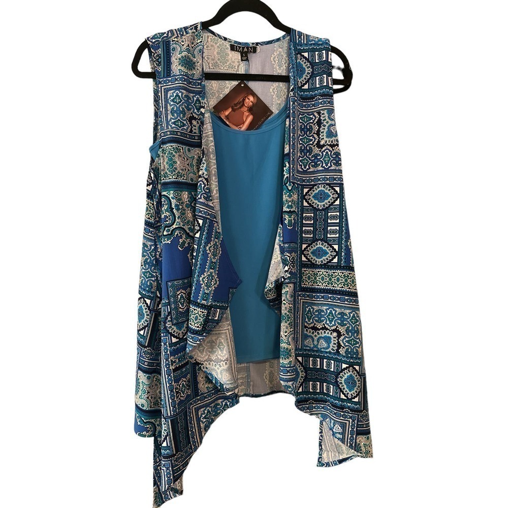 IMAN Women's Summer Tank Top w/ Sleeveless Open Front Vest Sz S Blue NWT